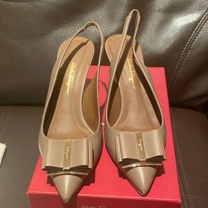 Salvatore Ferragamo Brown Slingback Heels with Bow